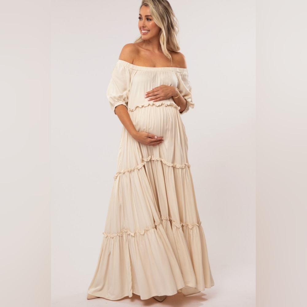 Pinkblush Cream Off-Shoulder Ruffle Tiered Maternity Maxi Dress